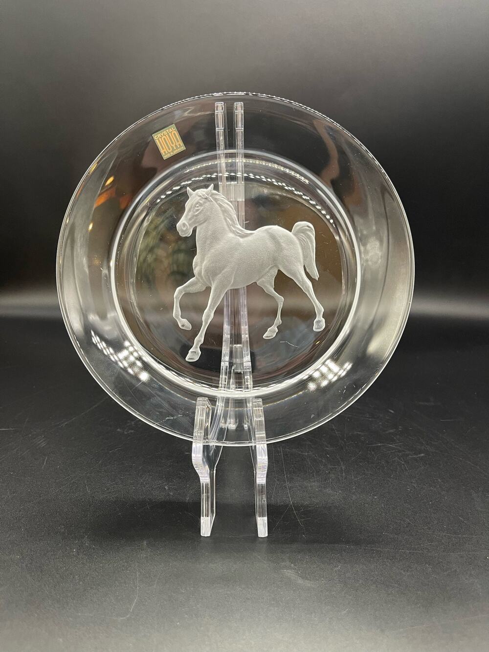 Hoya Crystal Art Engraved Horse Equestrian Intaglio Glass Plate 7.25" Japan 808